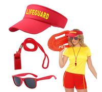 EUPSIIU 3 Piezas Juego de Disfraz de Guardia, Accesorios de Halloween incluye Rojo Sombrero Gafas de Sol Silbato para Salvavidas, Disfraz de Carnaval Halloween Deportista para Hombre Mujer
