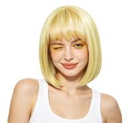 EUPSIIU 35cm/ 14 Pulgada Corto lacio seorita lacio Pelucas, White Blonde Short Wig with Fringe, Blonde Bob Pelucas Mujer Pelo Natural Bob Corto Peluca con Flecos Fibra,Aspecto Natural