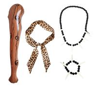 EUPSIIU 4 Piezas Disfraz Cavernicola Hombre Mujer, Palo Inflable de Madera Collar y Pulsera de Marfil Diadema de Leopardo, Disfraz Troglodita Accesorios para Adulto Niño Halloween de Carnaval (4PCS)