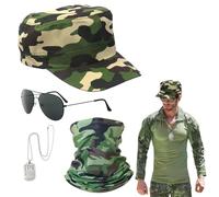 EUPSIIU 4 Piezas Disfraz de Piloto Militar Army Accesorios de TáCtica con Sombrero de Camuflaje Calentador de cuello Placa de Identificación Gafas de Sol para Soldado Cosplay Halloween