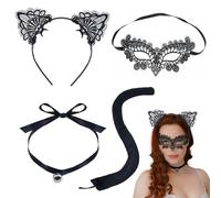 EUPSIIU 4 piezas Kit Disfraz de Gato Accesorios Diadema Orejas de Gato Sexy Encaje Mascara Catwoman Máscara de ojos Disfraz Favores Fiesta Disfraces Suministros Fiestas Halloween (4 piezas)