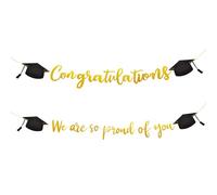 EUPSIIU Guirnalda y Banner Congratulations, Guirnalda We Are so Proud of You, Decoración Colgante con Sombrero de Graduación, Decoración de Pared para Fiestas de Graduación (Oro)