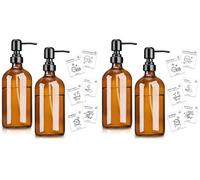 Euqvunn 2 Pack Dispensador Jabon Vidrio Ámbar, 500ml Dispensador Jabon Baño, 6 Etiquetas Impermeables Botella Dispensadora con Bomba (Paquete de 2)
