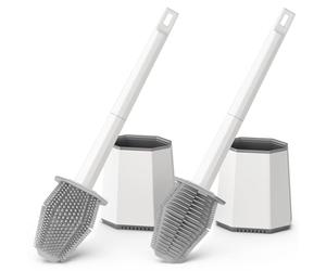 Euqvunn Escobillas de Baño Silicona, Paquete de 2 Escobilla WC Montado en la Pared, Cepillo de WC de Limpieza Profunda con Cabezal de Doble Cara y Mango Largo de Plástico (Blanco)