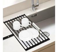 Euqvunn Escurreplatos Plegable y Extraíble, Escurridor de Platos Enrollable Grande sobre Fregadero, con Bordes de Silicona Antideslizante y Correa, para Platos, Cuencos y Tazas, 51x32 cm, Negro