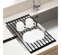 Euqvunn Escurreplatos Plegable y Extraíble, Escurridor de Platos Enrollable Grande sobre Fregadero, con Bordes de Silicona Antideslizante y Correa, para Platos, Cuencos y Tazas, 51x32 cm, Negro