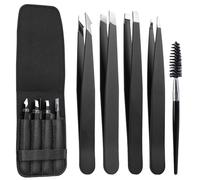 Euqvunn Set 5 Pinzas de Depilar Cejas Acero Inoxidable Kit Precisión para Depilación con Recubrimiento Antideslizante Cepillo y Estuche Viaje Hombre Mujer Negro