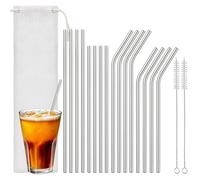 Euqvunn Set De 16 Pajitas Reutilizables - 8 Rectas Y 8 Curvas (Largas Y Cortas), Pajitas De Acero Inoxidable Con 2 Cepillos De Limpieza Y Bolsa, Apto Para Lavavajillas
