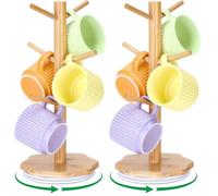 Euqvunn Soporte Tazas Giratorio de 360°, Soporte para Tazas de Café para Encimeras, Árbol para Tazas con Base Robusta de Madera en Forma de Pétalo, Soporte para Tazas de Madera con 6 ganchos - Madera