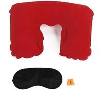 EUROAMZ Almohada Hinchable con Tapones para Oidos y Antifaz, Almohada Cervical y Cuello mas Kit de Viaje. Extra Fino (Rojo)