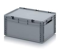Eurobehälter + tapa con bisagra ED 64/27 Auer, gris, 56 l, caja de plástico, 60 x 40 x 28,5 cm, asas abiertas, caja de plástico, contenedor industrial, caja apilable,