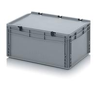 Eurobehälter + tapa con bisagra ED 64/27 HG Auer, gris, 56 l, caja de plástico, 60 x 40 x 28,5 cm, asas cerradas, contenedor industrial, caja de almacenamiento apilable