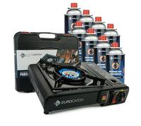 Eurocatch Estufa de Gas - incl. 8 bombonas de gas - Cocina a Gas - Estufa de camping - Quemador - Placa vitrocerámica - Maletín de transporte