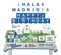 EuroFiestas, Decoracion de Cumpleaños Real Madrid, 44 Piezas con Plato, Vaso, Mantel, Servilleta y Guirnalda, Decoracion Temática Oficial para Fiestas, Meriendas y Comuniones
