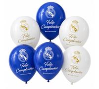 EuroFiestas, Globo Latex para Cumpleaños Infantil Real Madrid, Decoracion Cumpleaños Real Madrid, Decoracion Temática Oficial para Fiestas, Meriendas y Comuniones, 6 Unidades (FelizCumpleaños)
