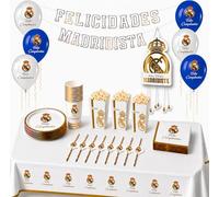 Eurofiestas - Kit Cumpleaños Real Madrid 52 Piezas, Decoración Fiesta Infantil Madridista con Piñata, Globos, Platos y Vasos Producto Oficial