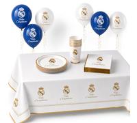 Eurofiestas - Kit Cumpleaños Real Madrid Completo 35 Piezas - Decoracion Fiesta Madridista con Mantel, Platos de Carton, Vasos de Carton, Servilletas y Globos | Cumpleaños Futbol Niño y Adulto