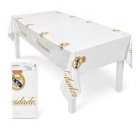 EuroFiestas, Mantel Cumpleaños Infantil Real Madrid (270 X 134cm), Decoracion Cumpleaños Real Madrid, Vajilla Temática Oficial para Fiestas, Meriendas y Comuniones, 1 Unidad (Escudos)
