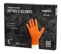 EUROPAPA 50x Guantes de Nitrilo Extra Gruesos DiamantGrip - Desechables Negros y Naranjas, Protección de Montaje, Trabajo Sin Polvo y Sin Látex (L, Naranja)