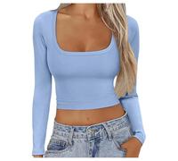 Europea Y Hilo Delgado Corto Manga Larga Cuello Cuadrado T Camisa Frontera Femenina Comercio Exterior Amarillo Top, azul claro, S