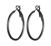 European And American Black Large Circular Earrings With Spring Clip And Coil And Ear Rings Classic And Versatile For Women. Pendientes Faro Plata (Negro, 7)