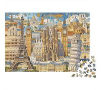 European Landmarks Jigsaw Puzzle 1000 Piezas Papel Reciclado Impressionist Style Puzzles para Adultos Divertido y Desafiante Family Game Regalo de Bendición de Vacaciones for Men 70x50cm/1000pcs