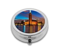 European Stockholm Scenic Night at City Hall Old Town Round Box,Compact compartment Medicine Case for Pocket,Purse,Portable Medicine Tablet Vitamin Holder Travel