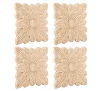 European Style 4Pcs Wood Carved Appliques Natural Rubber Wood Flower Pattern Decor Paintable DIY Furniture Embellishments for Home Cabinet Garden Door Mirror