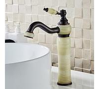 European Style Natural Jade countertop Basin Hot and Cold Water Faucet All Copper Black American Art Basin Marble Antique Faucet, Green Jade Rotation
