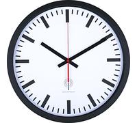 Eurotime 5999007 Reloj de pared controlado por radio (40 cm, carcasa de acero inoxidable negro mate, cristal auténtico, indicador de estación de tren, cambio automático de hora y hora, reloj de