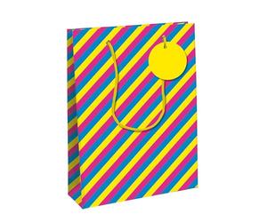 Eurowrap 33880-2C - Juego de 6 bolsas de regalo Excellia, tamaño ancho, 26,5 x 14 x 33 cm, 210 g, diseño de rayas azules, rosas, amarillas, neón, niños, ideal para: juegos de mesa, rompecabezas,
