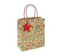 Eurowrap 33958-3C - Juego de 6 bolsas de regalo Excellia, tamaño mediano, 21,5 x 10,2 x 25,3 cm, 210 g, diseño de estrellas multicolor sobre fondo kraft - Ideal para: libro, juego, pequeños regalos
