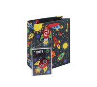 Eurowrap Bolsa de regalo espacial de feliz cumpleaños con etiqueta de regalo y tarjeta de felicitación, regalo de cumpleaños para niños, regalo de ocasión, tamaño mediano