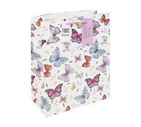 Eurowrap Bolsa de regalo grande de mariposa, papel kraft texturizado blanco con patrón de mariposa colorido, asa tejida y etiqueta, perfecta para cumpleaños y ocasiones especiales