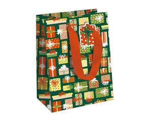 Eurowrap X-34644-3C - Un lot de 6 Sacs Cadeaux Excellia- Format Moyen - 21,5x10,2x25,3cm - 210g - Motif : Sweet Christmas, cadeaux multicolors fond vert - Idéal pour : Livre, Jeu, Petits cadeaux