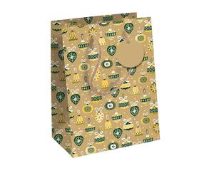 Eurowrap X-34665-3C - Un lot de 6 Sacs Cadeaux Kraft- Format Moyen - 21,5x10,2x25,3cm - 210g - Motif : Boules de Noël fond or - Idéal pour : Livre, Jeu, Petits cadeaux