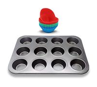 EUROXANTY Pack Molde + Silicona | Molde para Muffins | Bandeja para hornear | Acero al Carbono | Antiadherente | Con Papel para Magdalenas | Molde de 12 + 12 Silicona