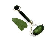 EUROXANTY Rodillo masajeador de piedra de Jade | Piedra para Masaje facial | Contorno de ojos | Piedra de Cuarzo verde | Bienestar y belleza de la piel | Roller + piedra Gua Sha