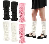 Eurzom 3 pares de calentadores de piernas Kawaii de punto calentadores de pierna estilo japonés calcetines sueltos hasta la rodilla calentadores de pierna para niñas y mujeres, White, Pink, Black