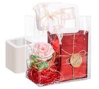 EUSOAR Bolsas de regalo transparentes con asas, 20 unidades de 10 x 6 x 11 pulgadas, bolsa de regalo de PVC a granel con cinta de champán, bolsa de plástico para regalo, bolsa de flores para