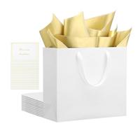 EUSOAR Bolsas Regalo Set - 10 PCS Blanco Bolsas Papel con Asas, 10 Tarjetas de Felicitación Blanco-Oro, 20 Papel de Seda Dorado - Grande 250GSM 32x11.5x28cm L Bolsitas Regalo Cumpleaños Boda