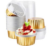 EUSOAR Papel de aluminio desechable Ramekins, 60 paquetes de tazas para hornear de 5 onzas con tapas, mini forros para magdalenas, sartén para tartas de queso de postre, recipientes para cupcakes, reuniones de catering, club, fiesta de boda