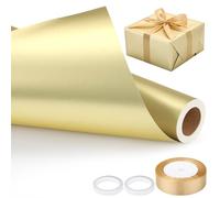 EUSOAR Papel de Regalo Dorado - Wrapping Paper Set - 1 Rollo Dorado Papel de Regalo Mate 43cm x 10m, 1 Rollo Lazo, 2 Cinta Doble Cara para Flores Cumpleaños