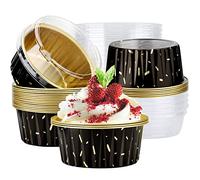 EUSOAR Ramekins de papel de aluminio con tapas, 25 paquetes de tazas desechables de 5 onzas para hornear, recipiente de papel de aluminio para cupcakes, sartén de pastel de queso de postre, recipientes para cupcakes, reuniones de catering, club, fiesta de boda