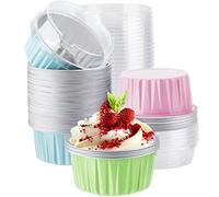 EUSOAR Ramekins de papel de aluminio desechable, 60 paquetes de tazas para hornear de 5 onzas con tapas de papel de aluminio mini soportes para cupcakes, sartén para pastel de queso de postre, recipientes para cupcakes, reuniones de catering, club, fiesta de boda