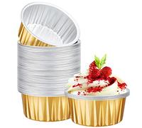 EUSOAR Ramequines desechables Creme Brulee, 50 tazas para hornear de 5 onzas, tazas de postre de papel de aluminio, forros dorados para magdalenas, mini moldes para magdalenas, tazas para hornear reciclables económicas para fiestas