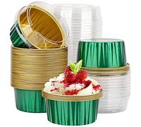 EUSOAR Ramequines desechables de papel de aluminio, 50 paquetes de 5 onzas para hornear tazas con tapas, mini forro para magdalenas, bandeja para tartas de queso de postre, recipientes para cupcakes
