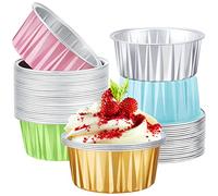 EUSOAR Vasos de postre de papel de aluminio, 50 tazas desechables de 5 onzas, vasos de hornear creme brulee de 5 colores, envoltorios de contenedores mezclados para cupcakes, mini tazas de magdalenas de queso para reuniones de fiesta