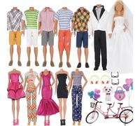 EuTengHao 30 piezas de ropa y accesorios para muñecas de 12 pulgadas incluye 12 juegos de ropa de jeans y vestidos de novia, gafas de bicicleta en tándem, bolsa de perro y globos coloridos para muñecas de 12 pulgadas