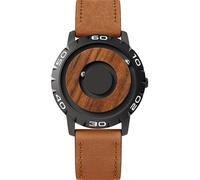 EUTOUR Reloj de Madera para Hombre Magnetico Cuarzo Sin Vidrio Rodamiento de Bolas Relojes de Pulsera para Hombres con Correa en Cuero Marrón